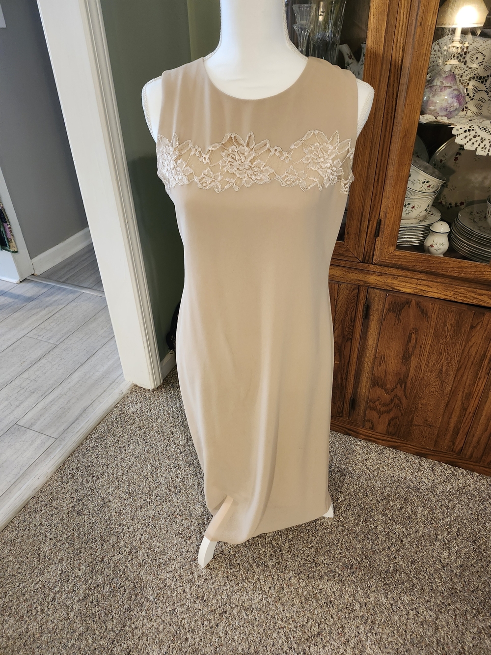 Sleeveless Beige Lace-Trim Sheath Dress With Jacket.